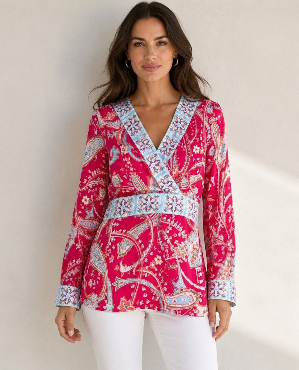 Boho Artsy Colorful Lane Bryant Paisley Wrap Top Long Sleeve Sz 14/16 Pink Blue